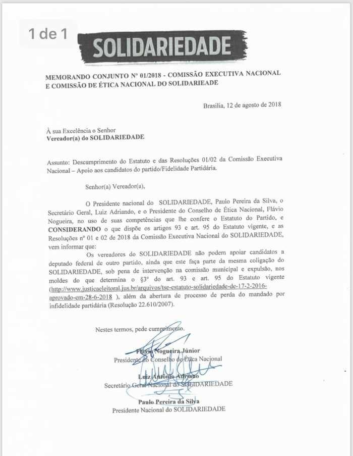 Comunicado do partido aos vereadores (Crédito: reprodução)