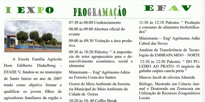 I EXP EFA V será realizado na escola agrícola Dom Edilberto (EFADE V) em Santo Inácio do Piauí