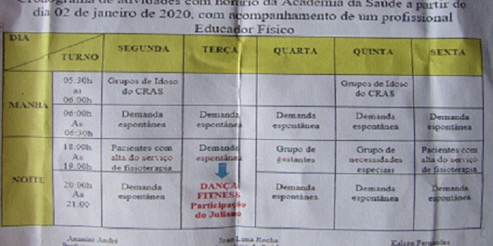 Prefeitura Municipal divulga cronograma de funcionamento da Academia da Saúde