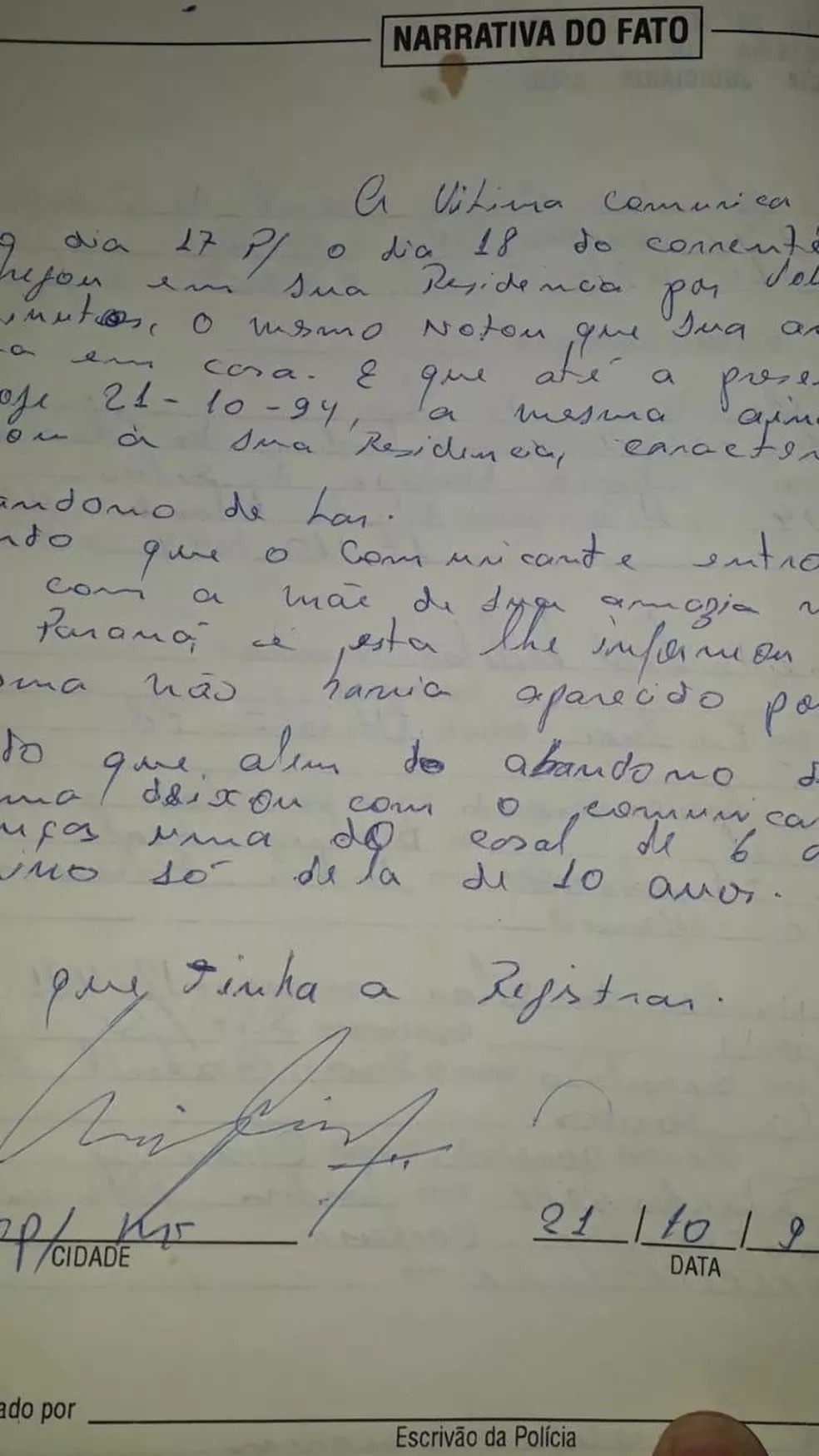 Boletim de ocorrência sobre o desaparecimento da mulher, registrado na época do crime — Foto: GC notícias Boletim de ocorrência sobre o desaparecimento da mulher, registrado na época do crime — Foto: GC notícias