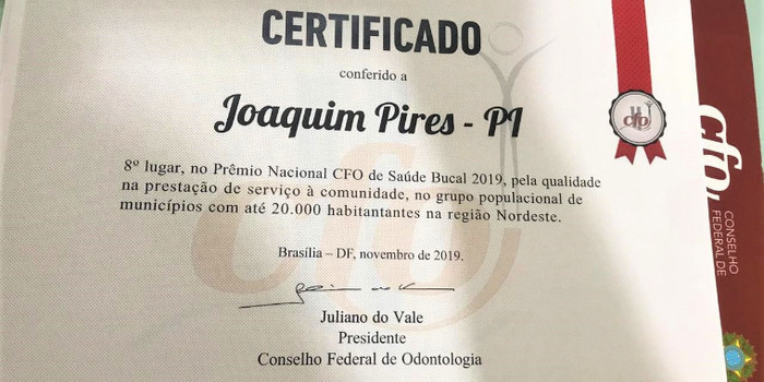 Joaquim Pires é certificado com Prêmio Nacional CFO de Saúde Bucal