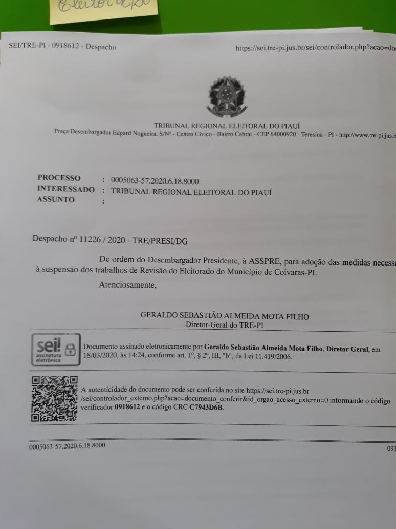 TRE-PI emite despacho suspendendo a revisão eleitoral no município de Coivaras - Imagem 1