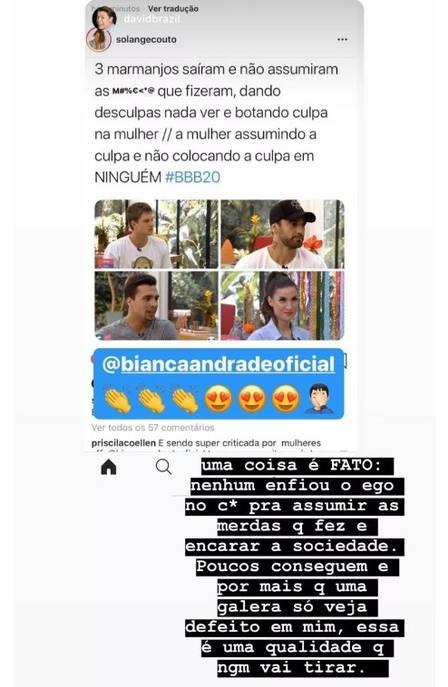 Eliminada do "BBB 20", Bianca critica Hadon, Petrix e Lucas no Instagram