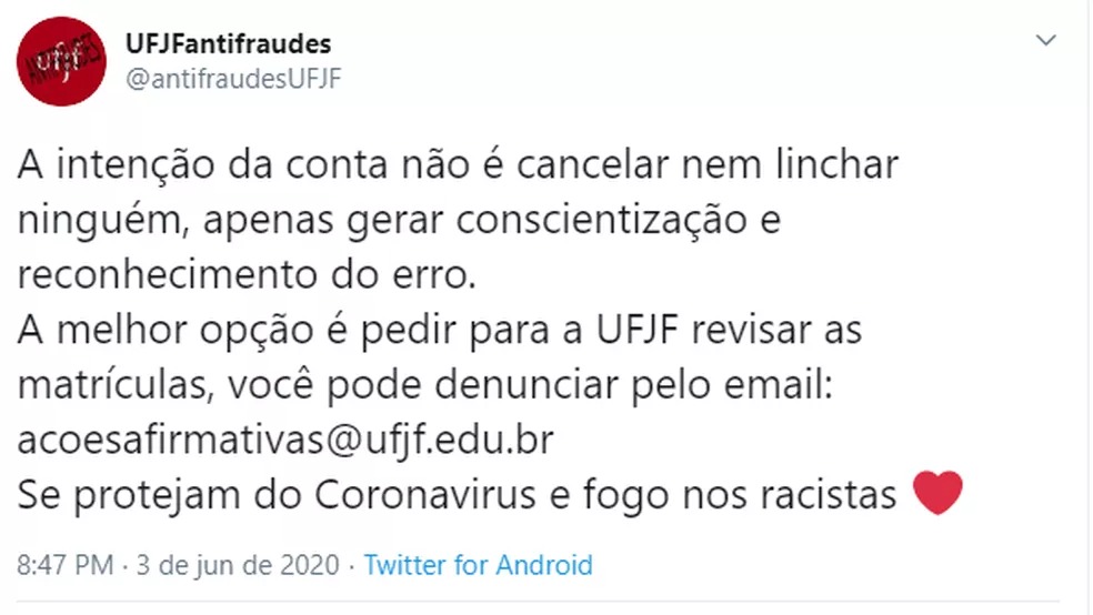 UFJF fraudes nas cotas — Foto: Reprodução/Twitter