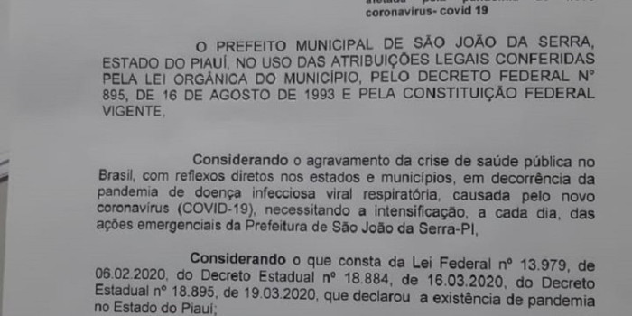 Decreto Municipal deixa domingos em lockdown na cidade de São João da Serra