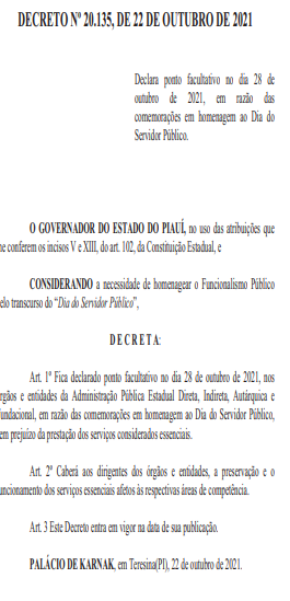 PI: Governador decreta ponto facultativo para servidores no próximo dia 28 - Imagem 1