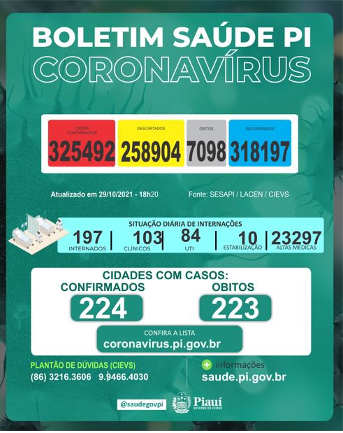 Piauí registra dois óbitos e 191 novos casos de Covid-19 em 24 horas (Foto: Sesapi)