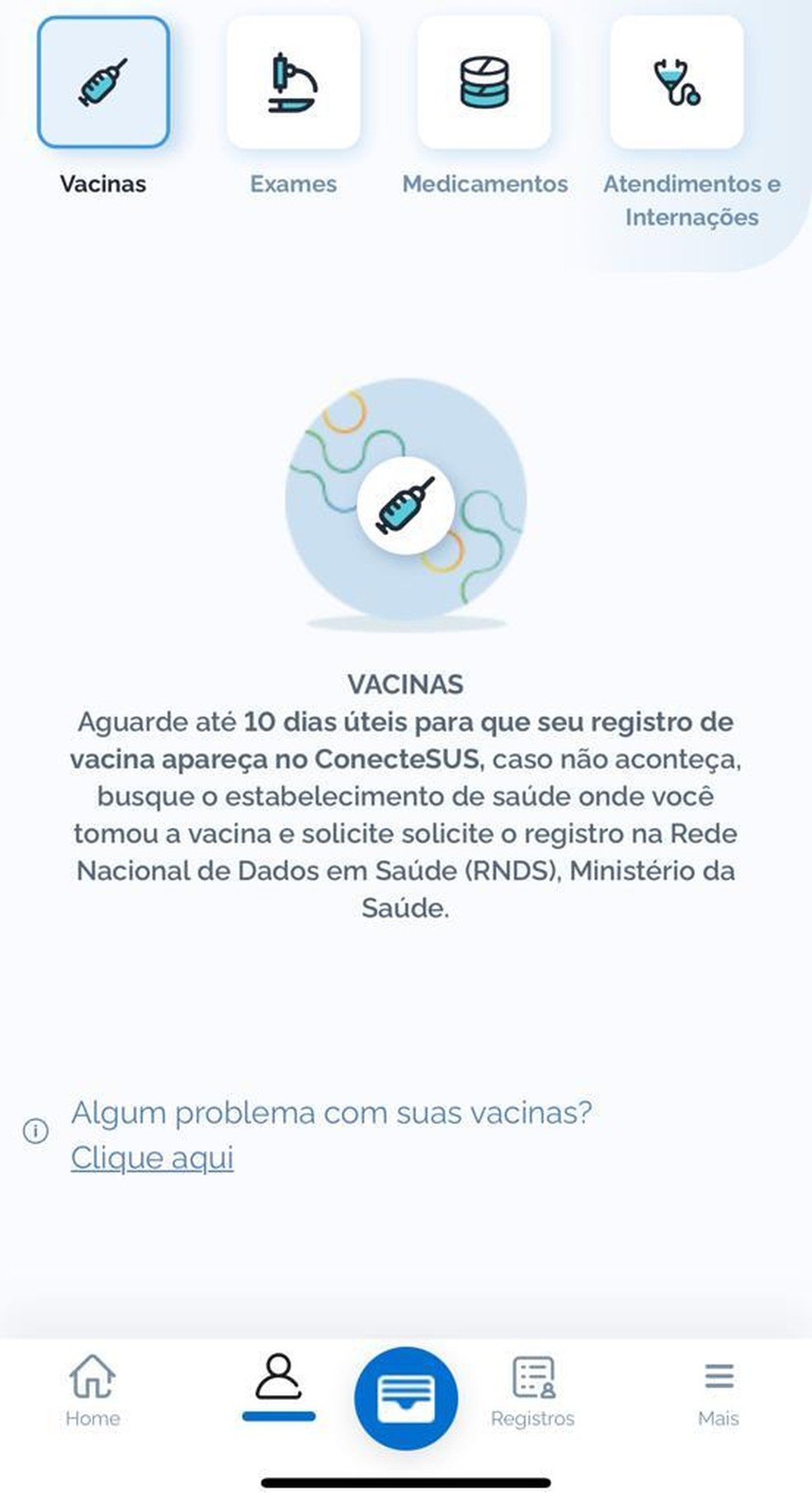 Imagem do aplicativo do ConectSUS feita por usuário de Santa Catarina às 6h30 desta sexta-feira — Foto: Reprodução 