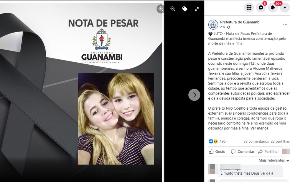 Nota de pesar divulgada pela prefeitura da cidade
