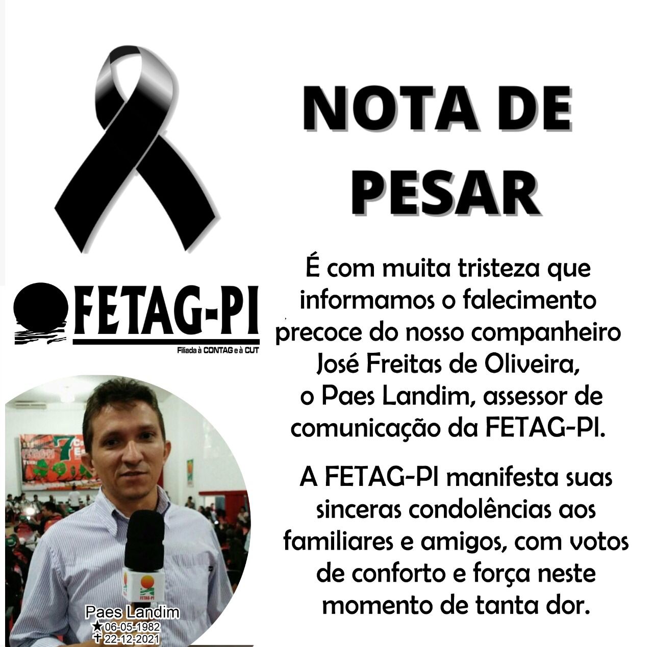 Morre jornalista Paes Landim vítima de infarto fulminante em Teresina (Foto: Divulgação/ FETAG)