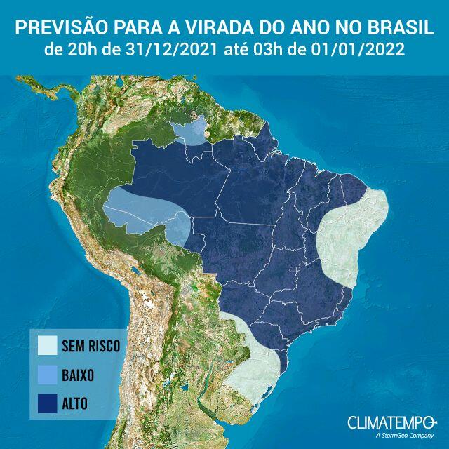 Mapa mostra risco de chuva em todo o Brasil. Área em azul indica risco alto de precipitações | FOTO: Climatempo