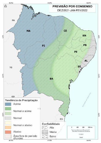 A faixa azul do mapa indica maior ocorrência de chuva - Imagem: Divulgação