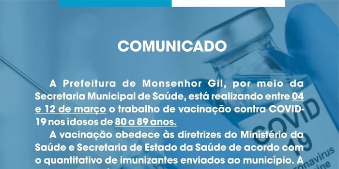 Mais uma etapa de vacinação contra a Covid-19 em Monsenhor Gil, destinada aos idosos