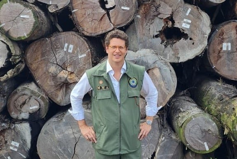 Ministro Ricardo Salles posa em frente a madeira apreendida - Foto: Reprodução/Instagram