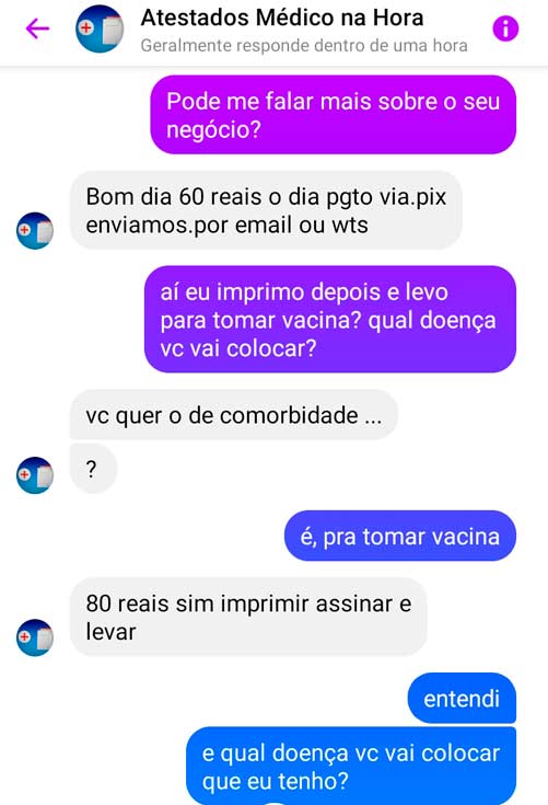 Print de conversa para venda de laudo falso