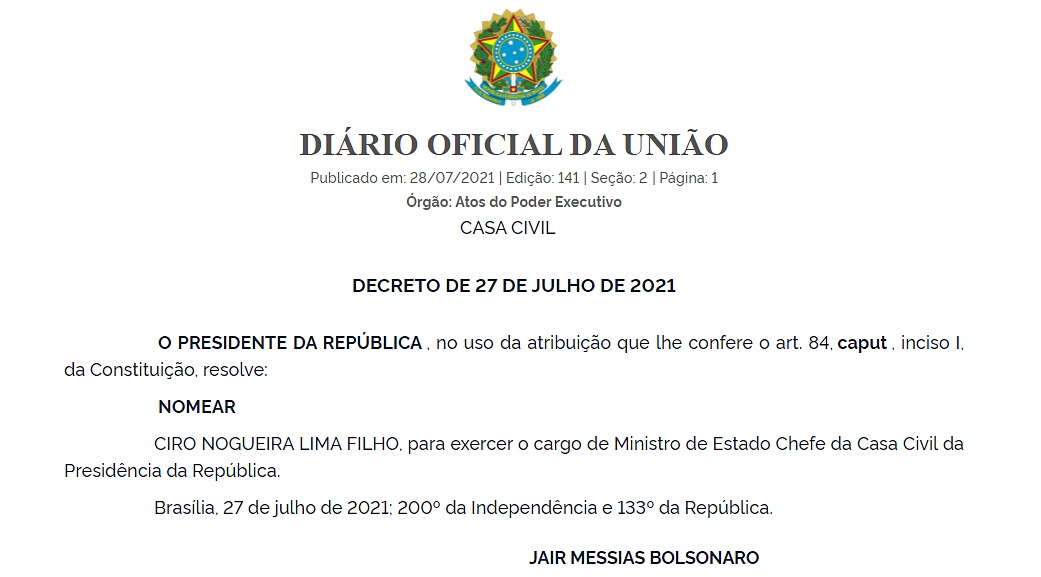Diário Oficial traz nomeação de Ciro Nogueira para a chefia da Casa Civil - Imagem 1