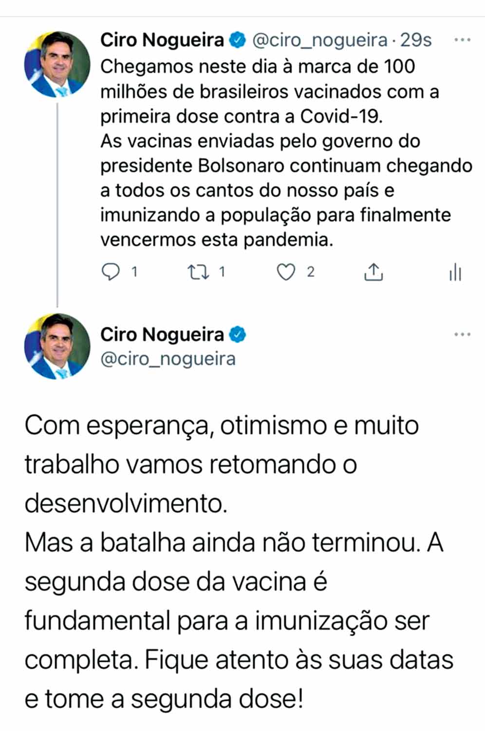 Ciro Nogueira destaca que Brasil tem 100 milhões de vacinados contra a Covid-19