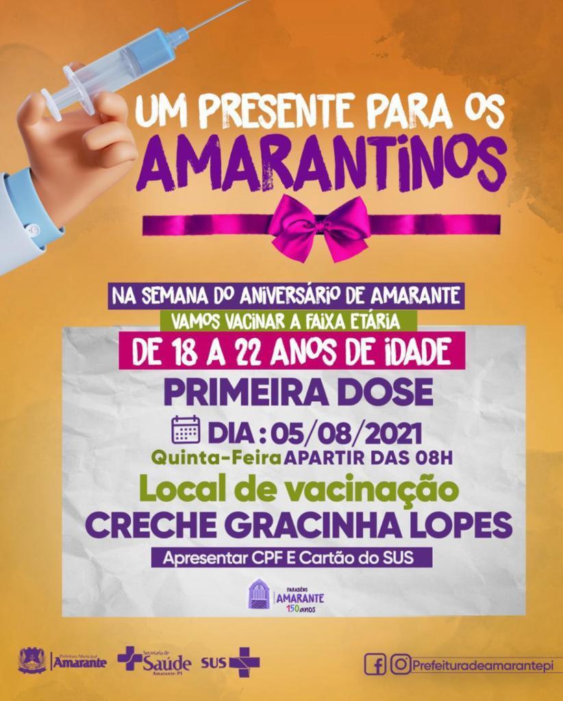 Covid: Prefeitura de Amarante/PI vai vacinar faixa etária de 18 a 22 anos - Imagem 1