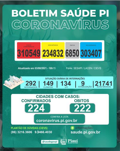 Dados da Covid-19 no Piauí (Foto: Sesapi)