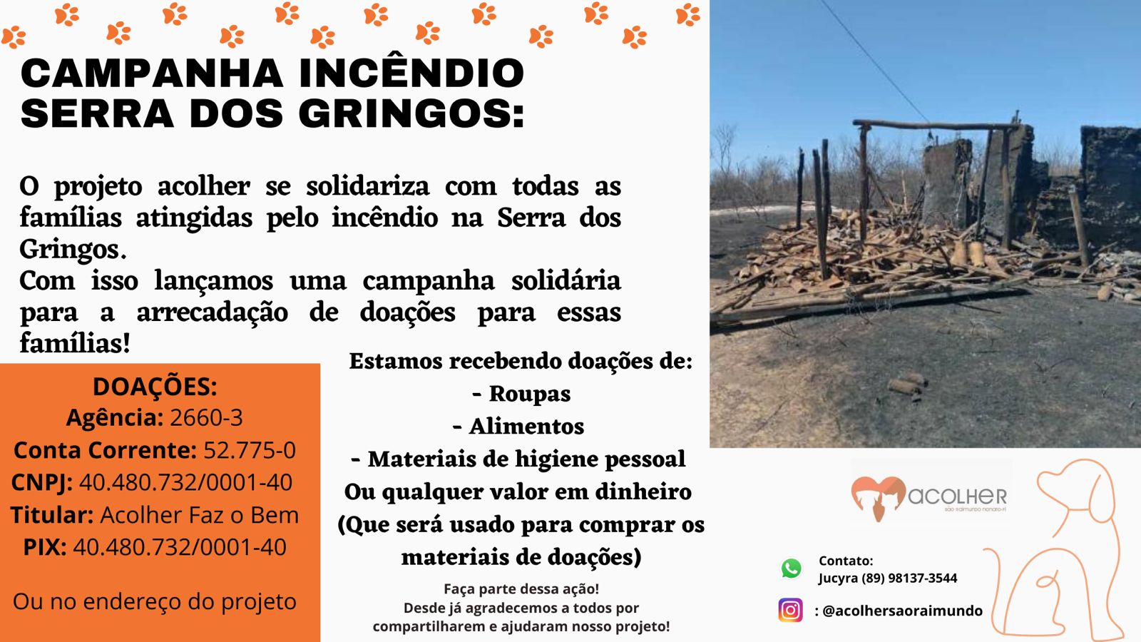 Serra da Capivara: Campanha arrecada doações para afetados pelos incêndios (Foto: Divulgação)