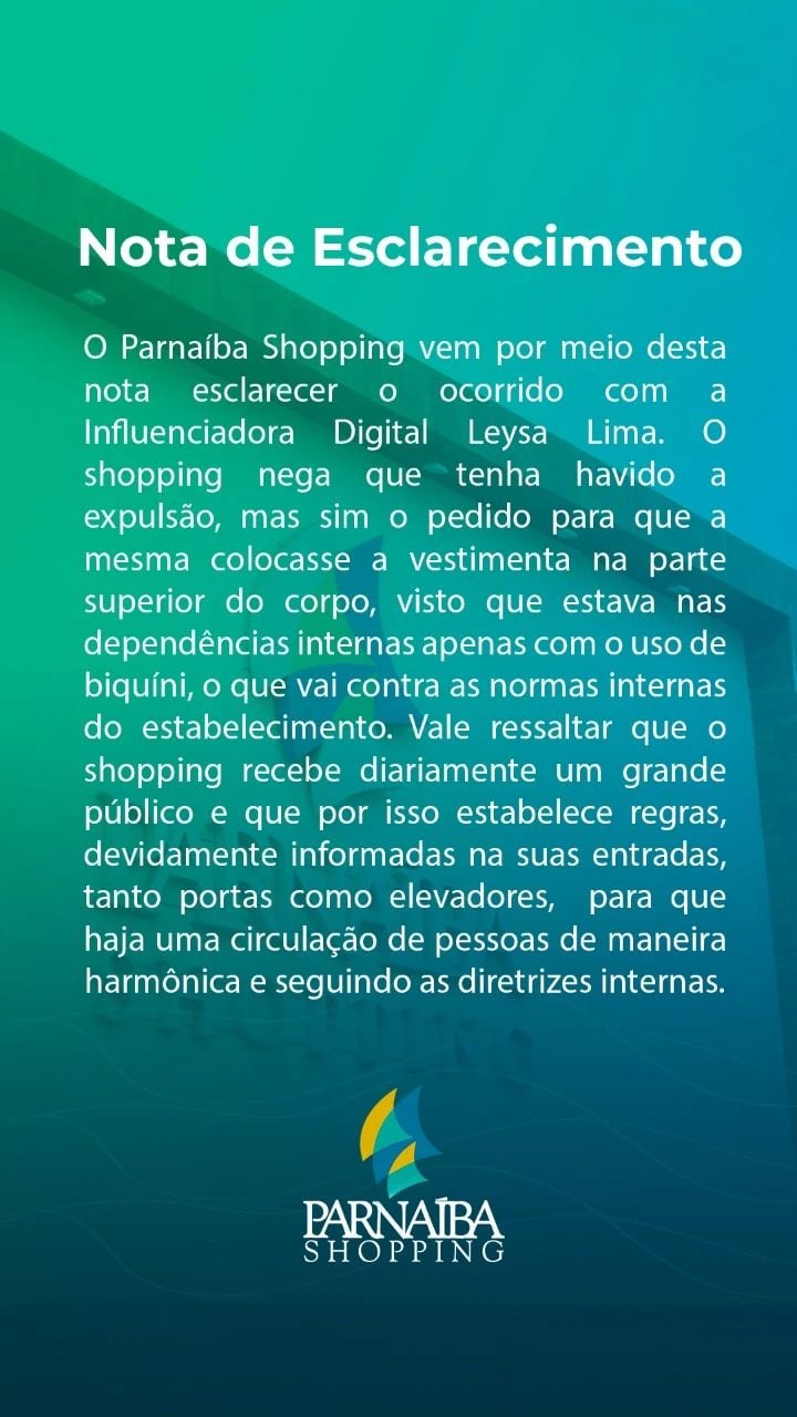 Parnaíba Shopping nega expulsão de influencer (Foto: Divulgação)