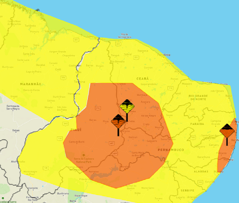 Em amarelo, área com alerta de risco potencial para as chuvas; em laranja, área com perigo para chuvas intensas | FOTO: Reprodução/Inmet