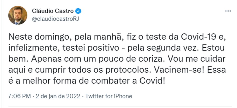 Cláudio Castro testa positivo para a Covid novamente (Foto: Reprodução)