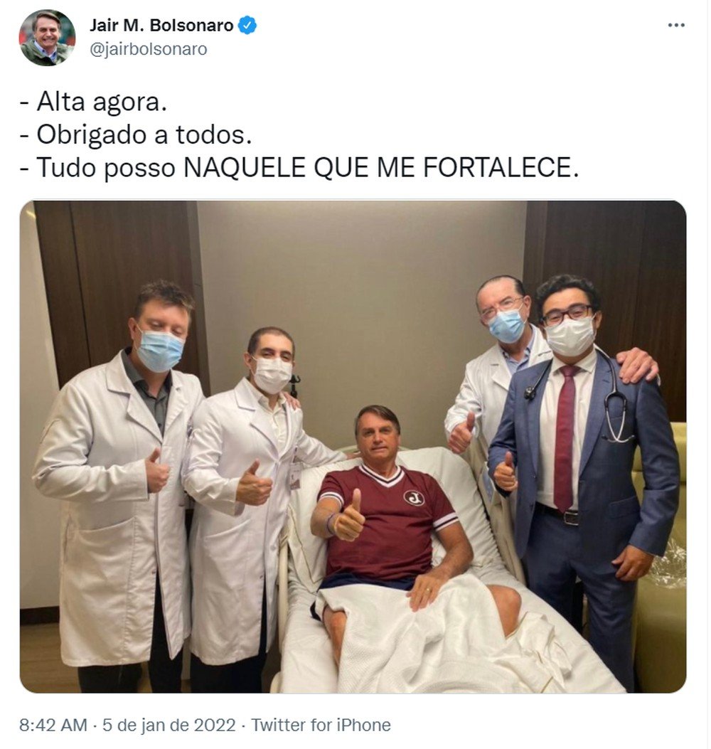 Postagem do presidente Jair Bolsonaro nas redes sociais sobre alta médica — Foto: Reprodução/Redes Sociais 