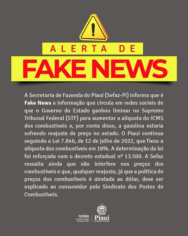 Sefaz desmente fake news sobre aumento da alíquota do ICMS no Piauí - Imagem 1