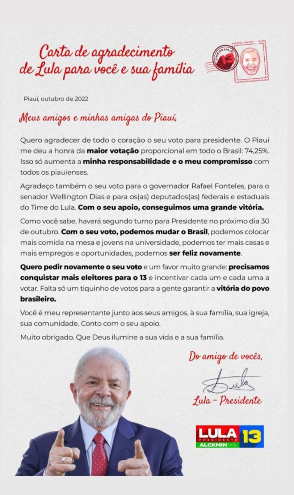 Em carta aos piauienses, Lula agradece resultado do 1º turno no estado - Imagem 1