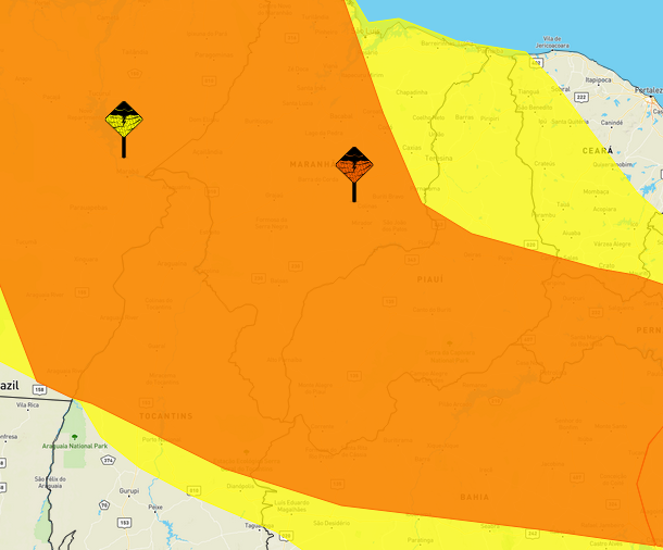 Mapa mostra Piauí coberto por dois alertas de chuvas | FOTO: Reprodução INMET