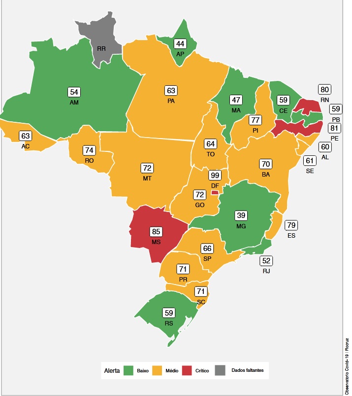 Situação dos leitos de UTI Covid no Brasil no dia 14 de fevereiro de 2022 | FOTO: Fiocruz