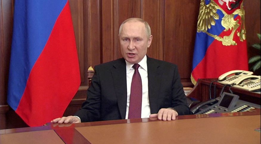 Vladimir Putin em discurso (Russian Pool/via REUTERS TV)