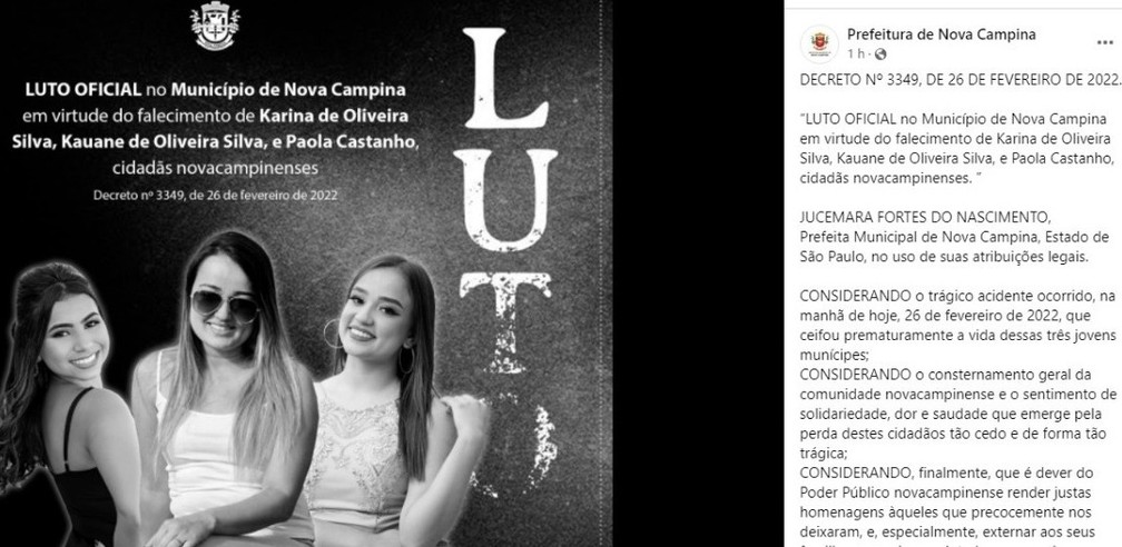 Prefeitura de Nova Campina decreta luto oficial por morte de jovens em acidente — Foto: Facebook/Reprodução 
