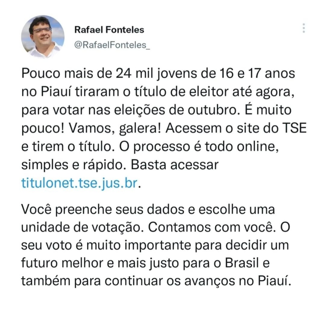 Só 24 mil jovens tiram título de eleitor no PI e Rafael entra em campanha - Imagem 1