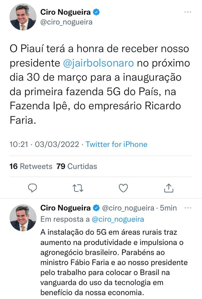 Ciro Nogueira confirmou a presença do presidente através das redes sociais - Foto: Reprodução/Twitter