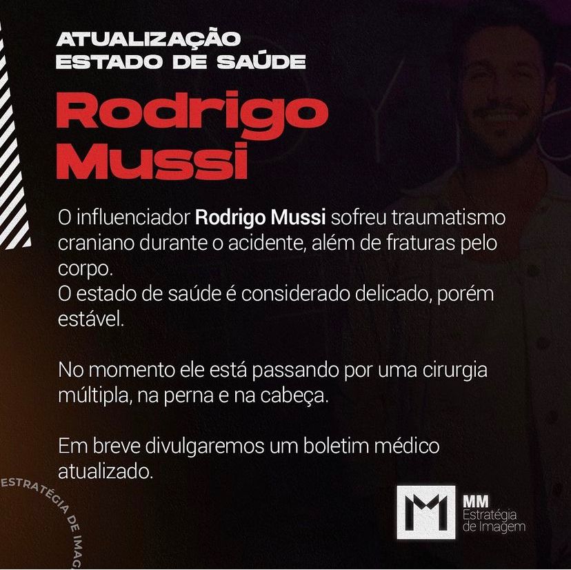 Assessoria diz que Rodrigo Mussi sofreu traumatismo craniano 