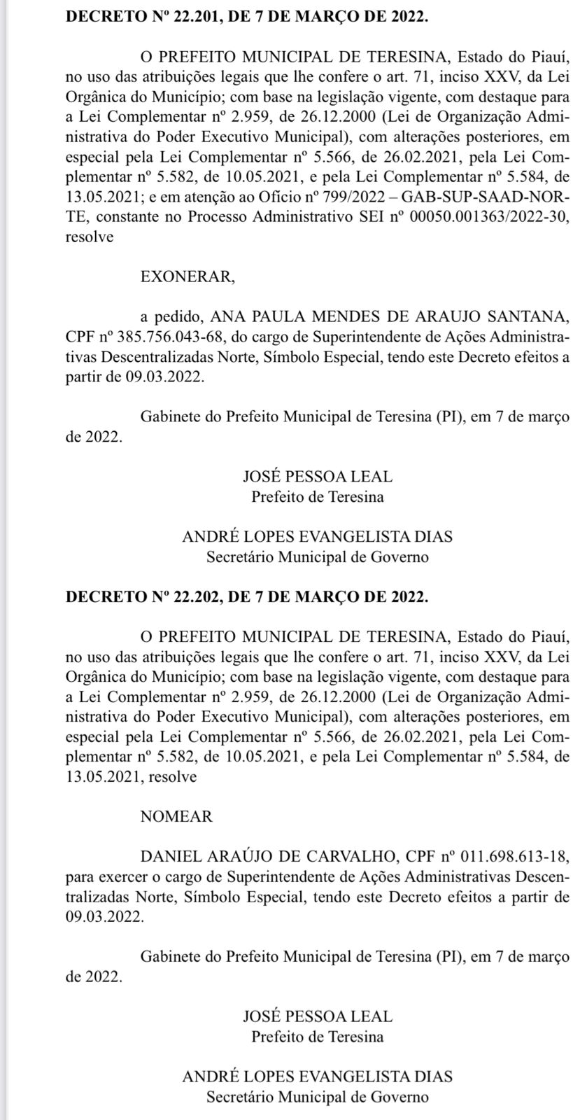 Diário Oficial com exoneração de Ana Paula e nomeação de Daniel