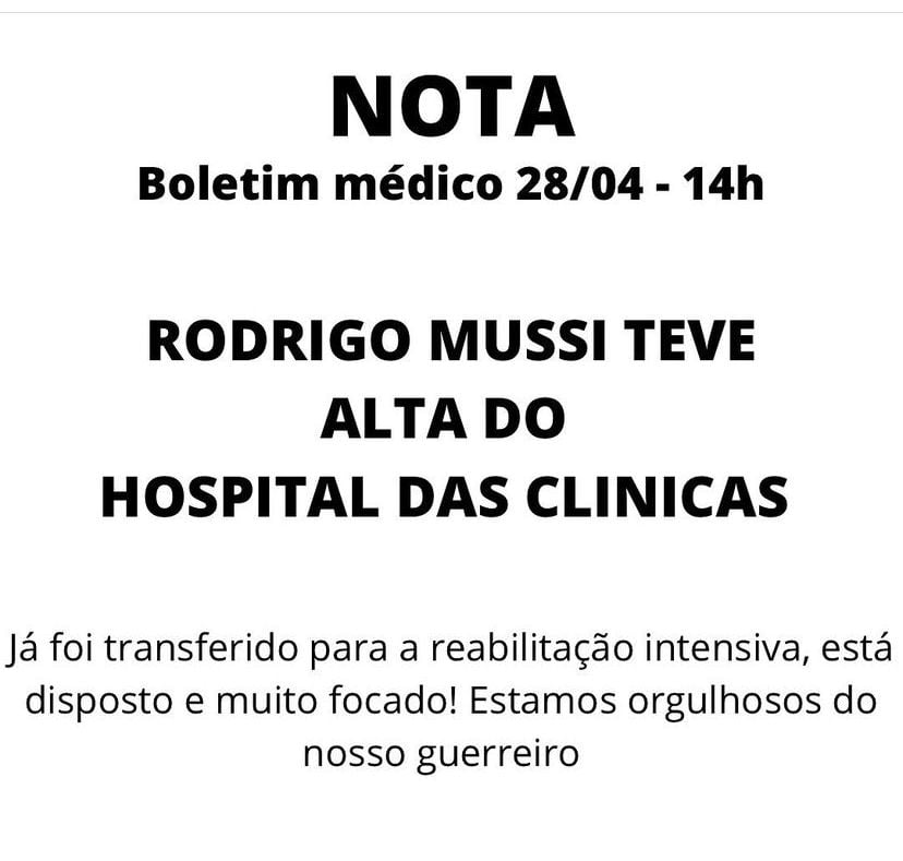 Boletim médico diz que Rodrigo Mussi recebeu alta 