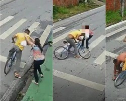 Mulher derruba e agride criminoso de bicicleta para  evitar assalto no CE