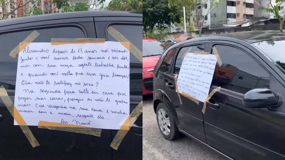 Mulher deixa cartaz em carro com mensagem para companheiro | foto: Reprodução