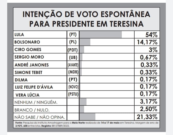 Amostragem divulga pesquisa de intenção de voto para presidente em Teresina - Imagem 3