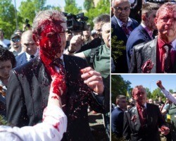 Manifestantes dão banho de tinta vermelha no embaixador russo na Polônia