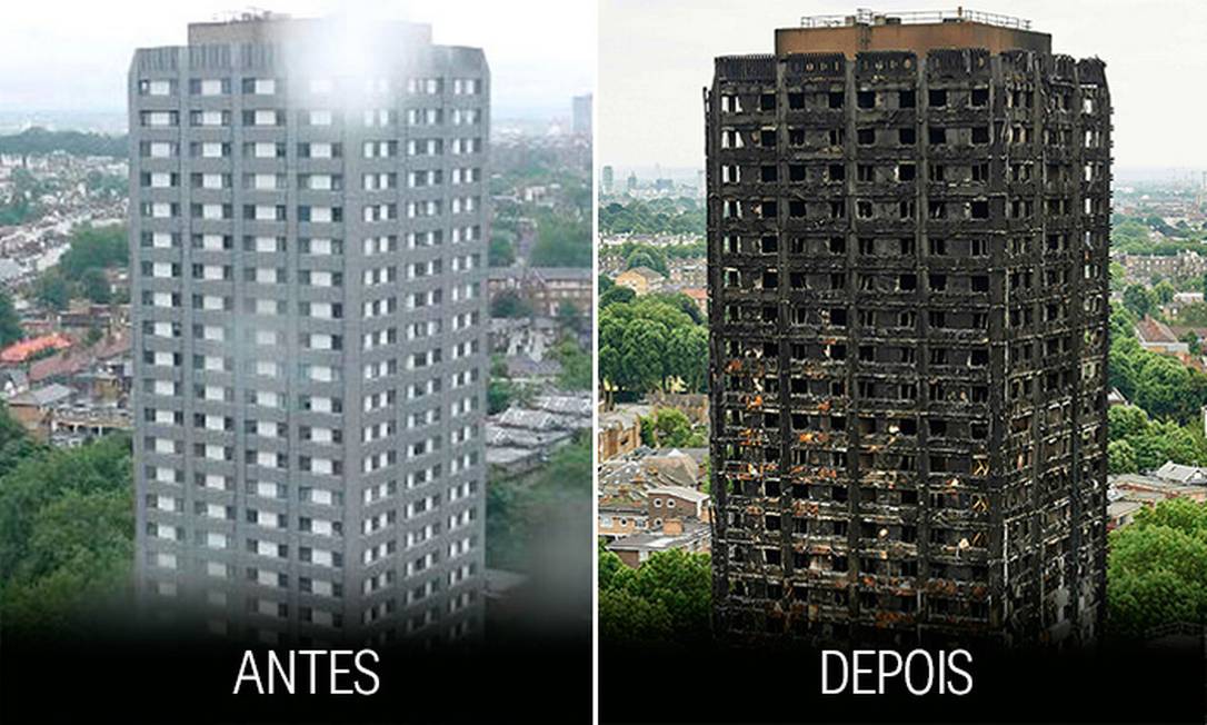 Antes e depois do prédio consumido pelo fogo