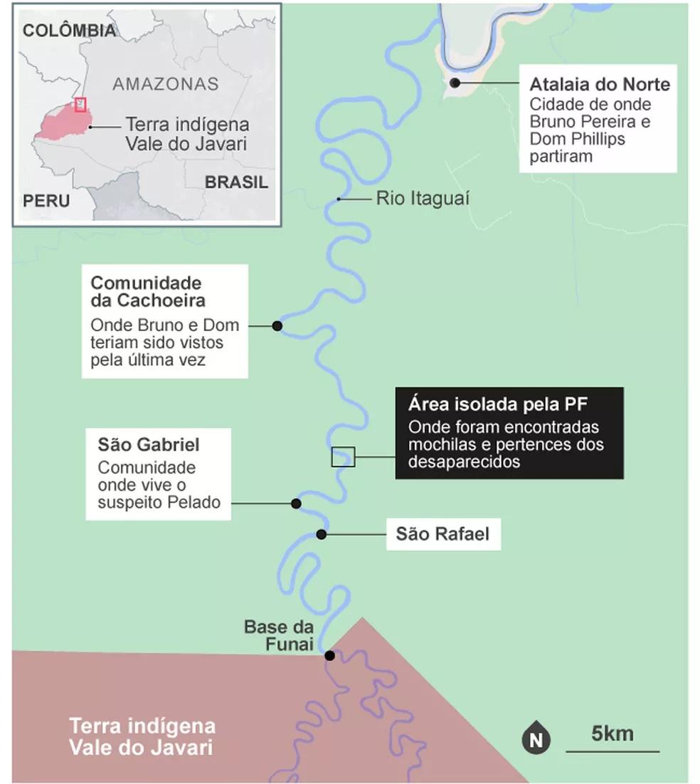 Mapa do lugar das buscas pelo jornalista inglês Dom Phillips e pelo indigenista Bruno Pereira — Foto: O Globo 