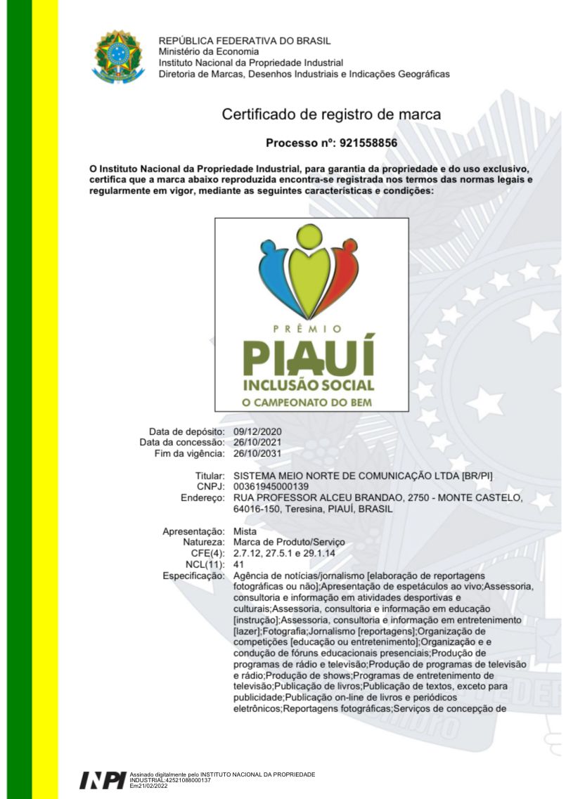 Marca do Prêmio Piauí de Inclusão Social recebe certificado 