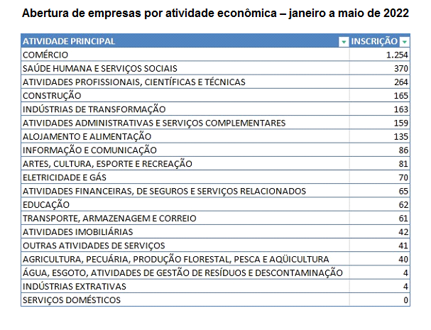 Gráfico de atividades que mais abriram empresas (Fonte: Jucepi)