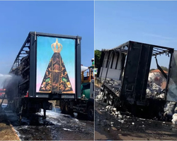 Painel de Nossa Senhora Aparecida fica intacto após fogo destruir carreta