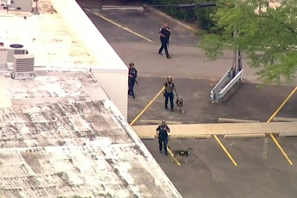 Policiais fazem buscas por suspeito do tiroteio (Foto: Reprodução)