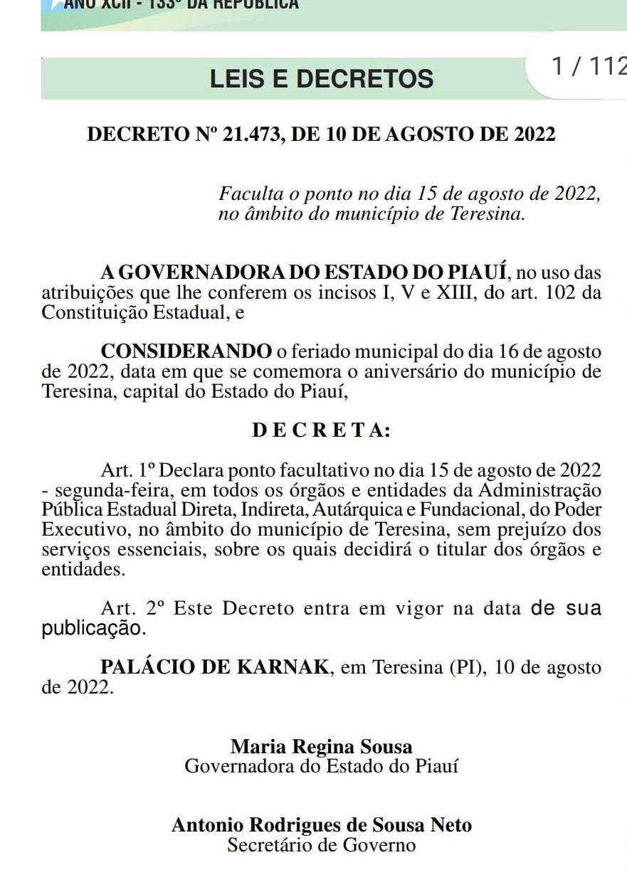 Governo do Piauí decreta ponto facultativo no dia 15 de agosto; Entenda! - Imagem 1